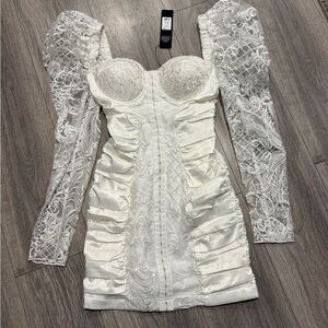 White Satin Lace Corset Mini Dress – XS – Long Sleeve Bustier Style
